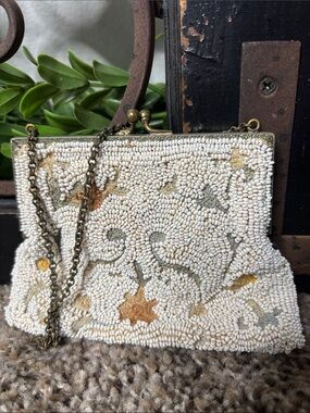 1920'S ANTIQUE VINTAGE BEADED SEED PEARL HAND PURSE BAG handmade